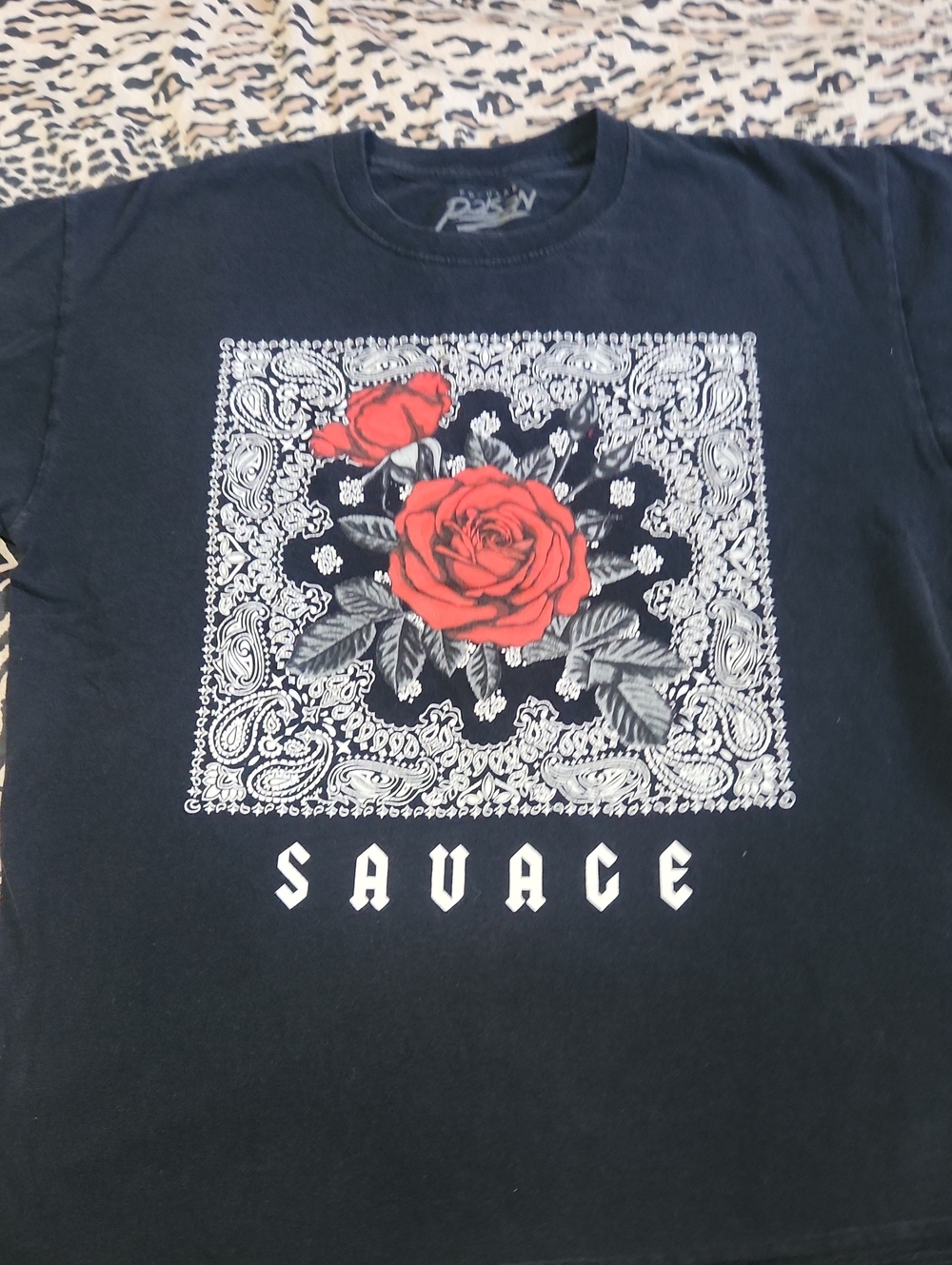 Savage Black Tee with Red Rose and White Paisley Motif